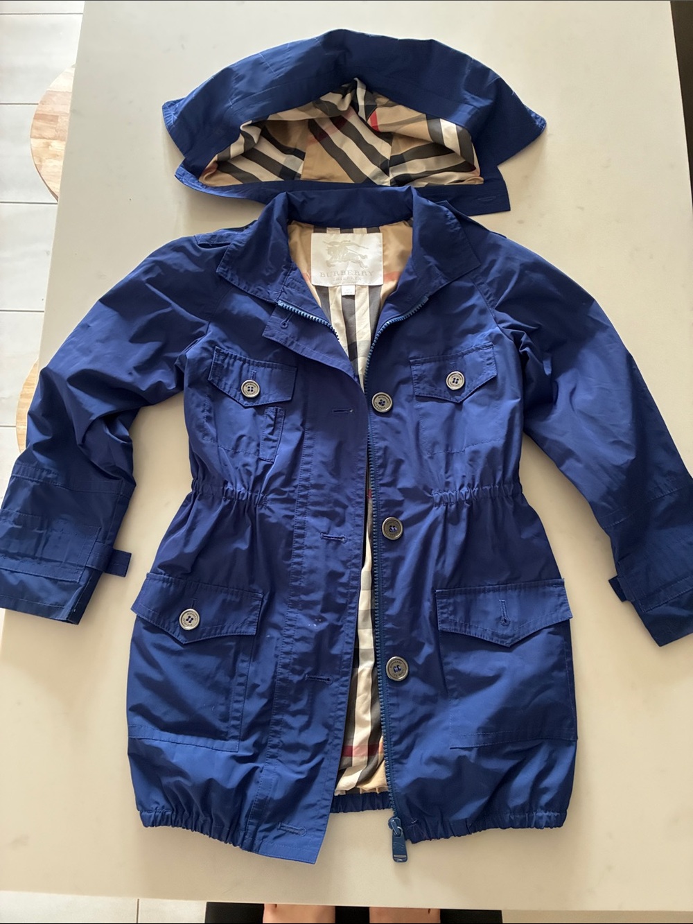 Burberry Girls Royal Blue Hooded Raincoat with Signature Check Lining